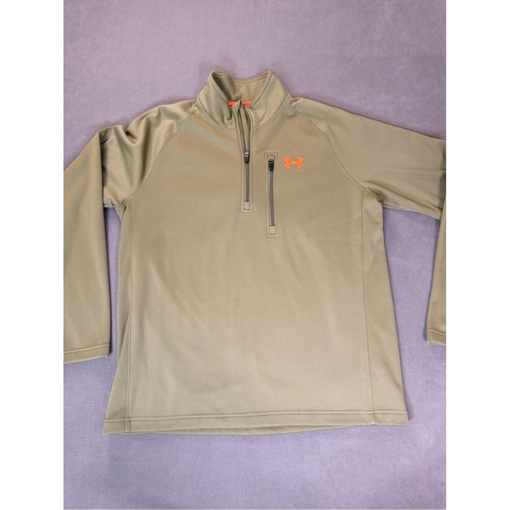 Under Armour Men's Olive Green Quarter-Zip Pullover with Orange Logo- Medium